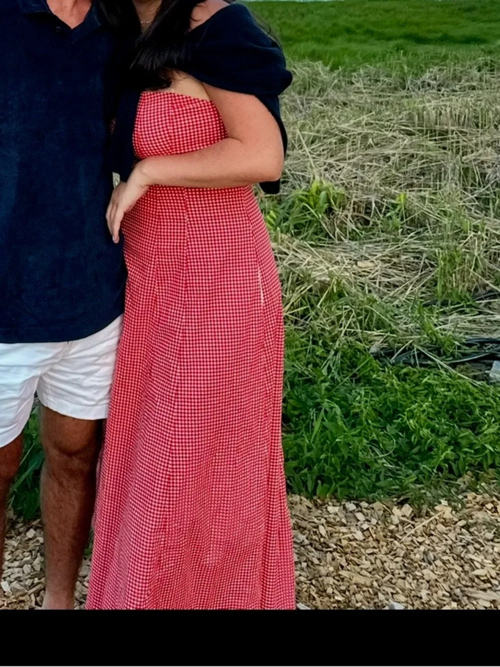 Abercrombie & Fitch Red Gingham Strapless Maxi Dress with Black Wrap Detail
